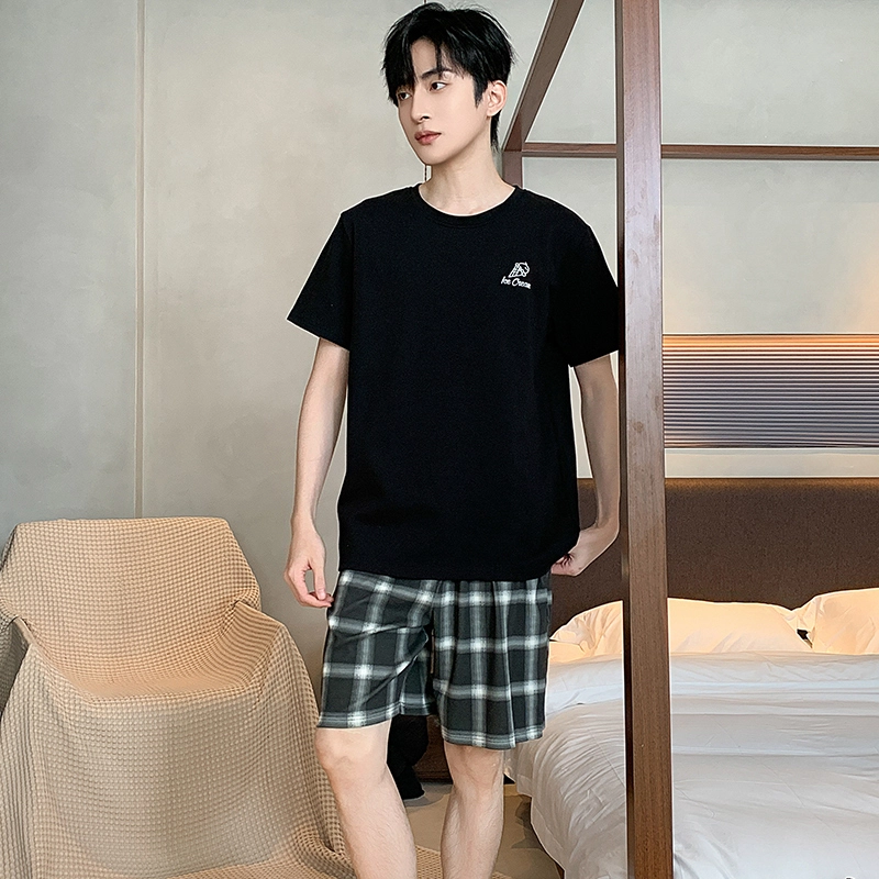 莫代尔 时尚印花短袖休闲方格短裤睡衣套装 男款 黑色