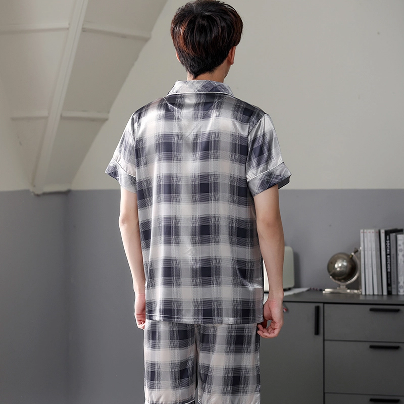 莫代尔 翻领简约舒适短袖上衣松紧腰格子五分裤睡衣套装 男款 黑白色