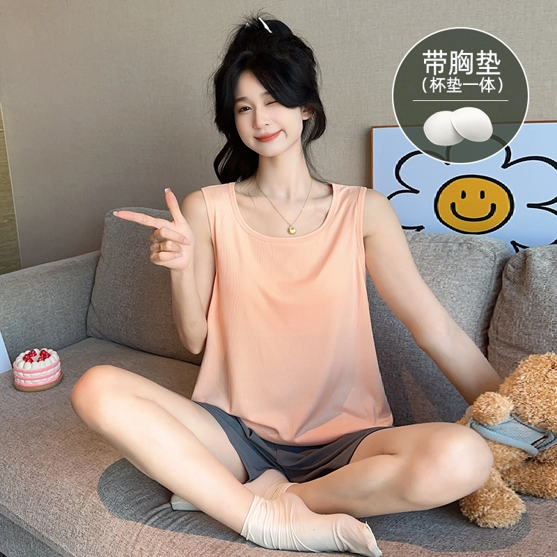 莫代尔 舒适透气凉感带胸垫衣口防走光设计亲肤无袖背心上衣弹力裤腰不勒腹三分裤居家休闲可外穿睡衣套装 女款 肤色