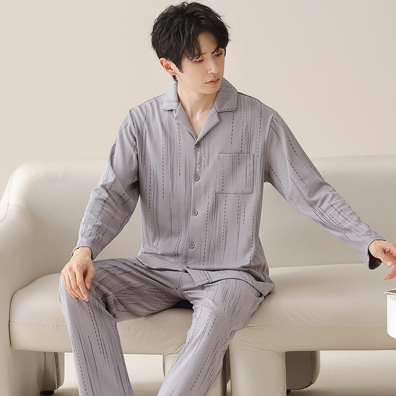 莫代尔 亲肤柔软舒适微弹透气耐磨开衫长袖弹力裤腰不勒腹可居家休闲长裤可外穿睡衣套装 男款 银色