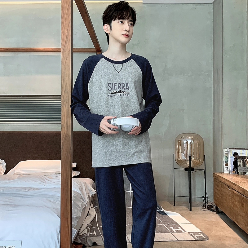 莫代尔 纯色简约时尚条纹经典舒适亲肤休闲家居服套头圆领长袖上衣松紧带双口袋长裤可外穿睡衣套装 男款 藏青色