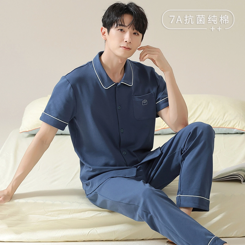 莫代尔 简约时尚休闲舒适透气亲肤翻领开衫短袖上衣双口袋松紧带长裤可外穿睡衣套装 男款 宝蓝色