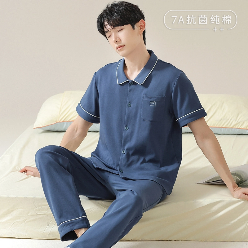 莫代尔 简约时尚休闲舒适透气亲肤翻领开衫短袖上衣双口袋松紧带长裤可外穿睡衣套装 男款 宝蓝色