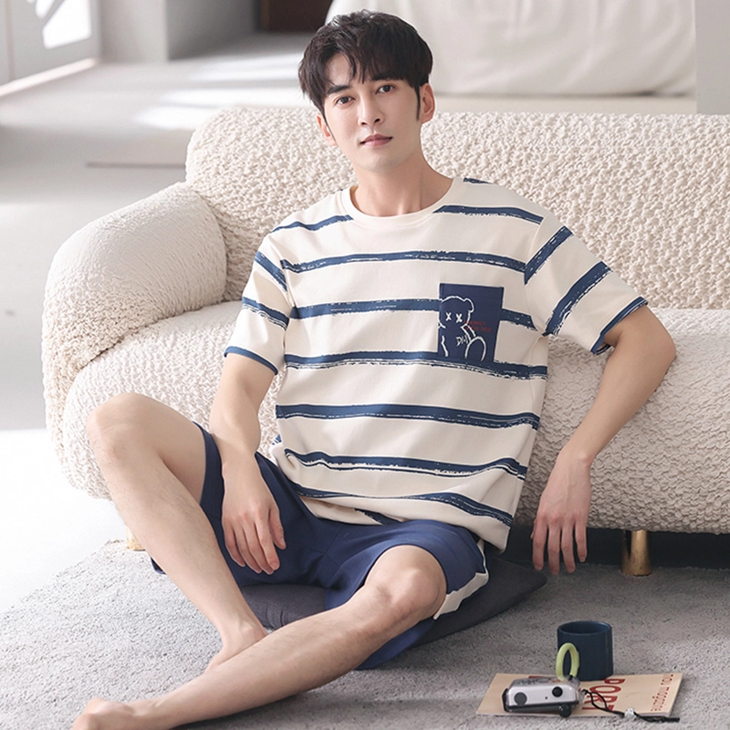 莫代尔 薄款韩版卡通条纹短袖五分裤家居服可外穿睡衣套装 男款 杏色