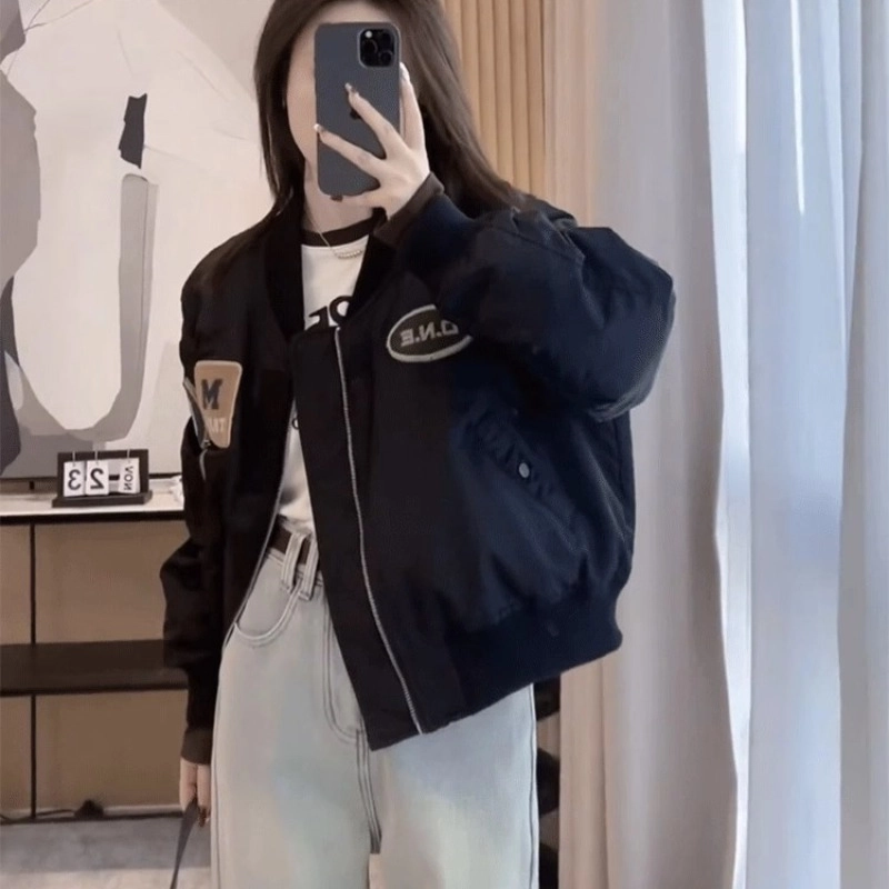 丝絮丝绸 美式复古棒球服韩版飞行员夹克截短外套 女款