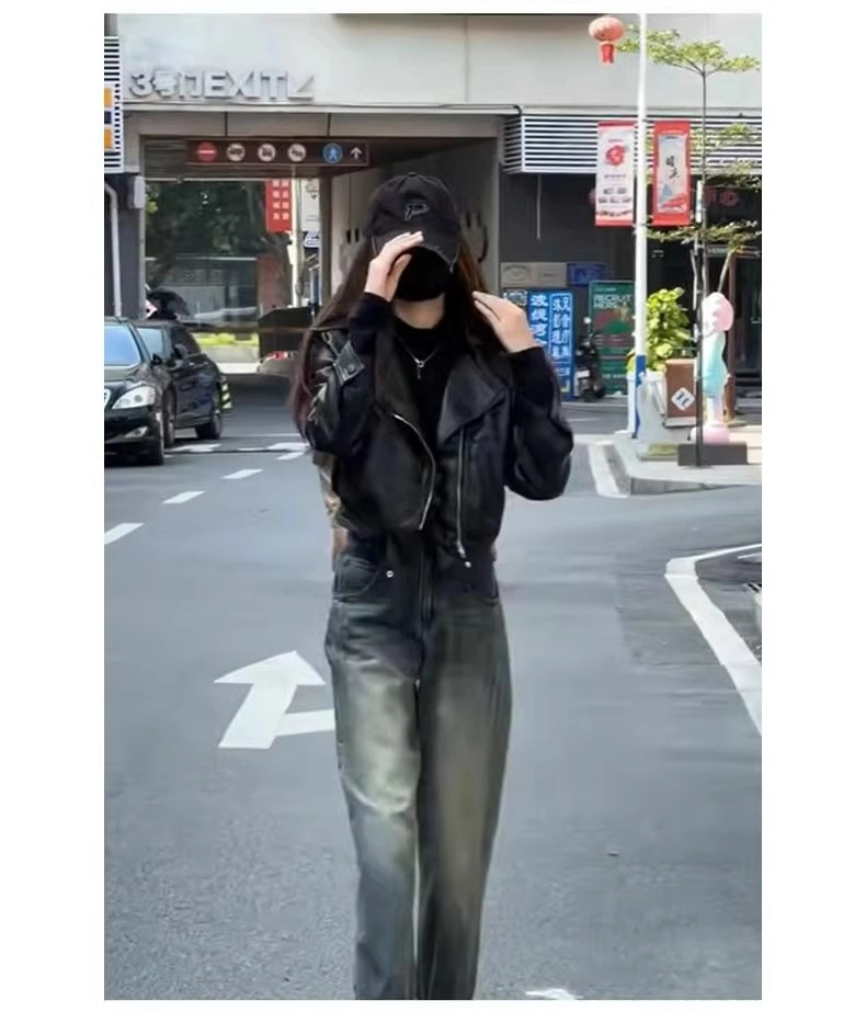 丝絮丝绸 秋季宽松复古港风长袖机车夹克外套皮衣 女款