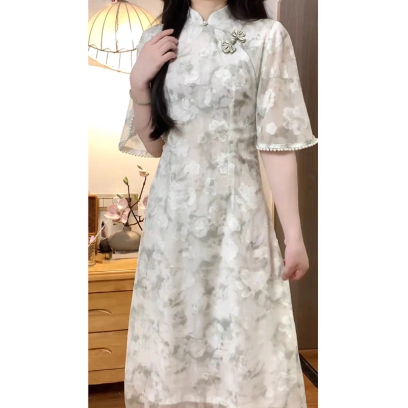 丝絮丝绸 新中式高腰薄款立领合身植物花卉短袖连衣裙 女款