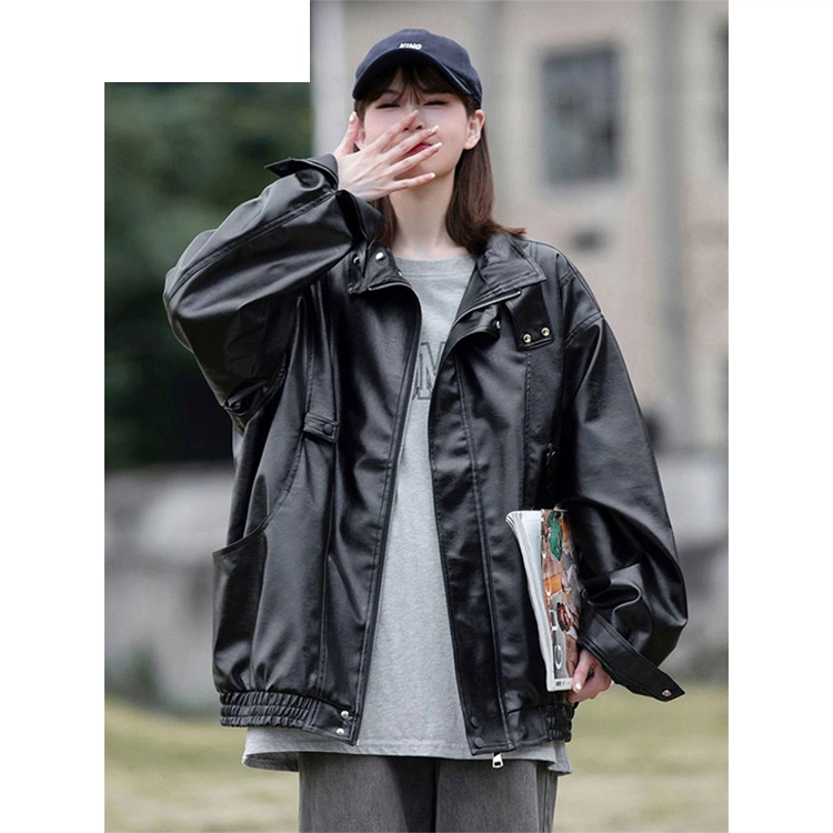 丝絮丝绸 秋冬季宽松时尚潮牌机车服外套皮衣 女款