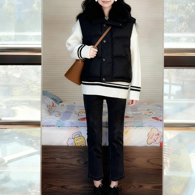 丝絮丝绸 秋冬季时尚宽松舒适白富美奢華贵妇级大毛领坎肩马甲外套棉服 女款