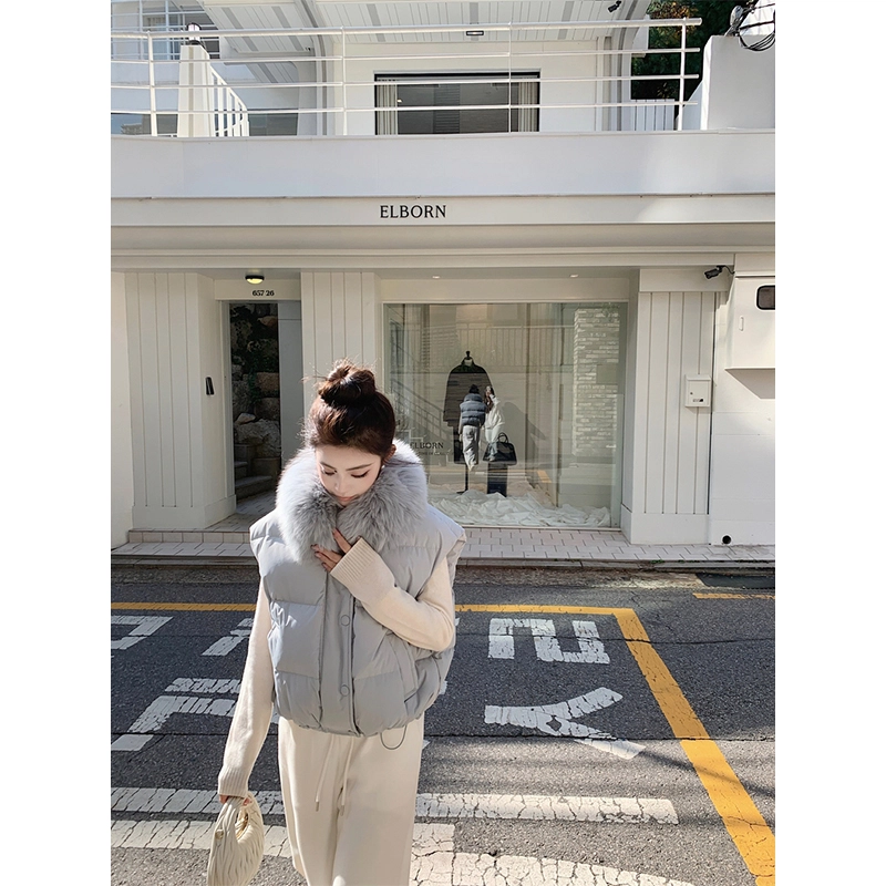 丝絮丝绸 秋冬季时尚宽松舒适白富美奢華贵妇级大毛领坎肩马甲外套棉服 女款