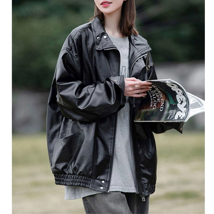 丝絮丝绸 秋冬季宽松时尚潮牌机车服外套皮衣 女款