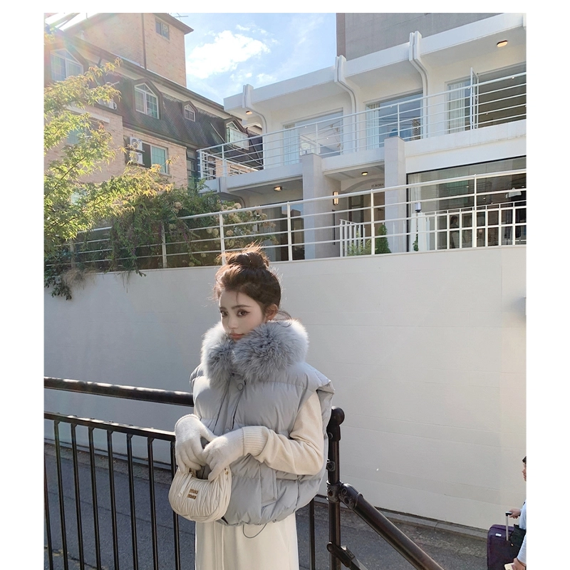 丝絮丝绸 秋冬季时尚宽松舒适白富美奢華贵妇级大毛领坎肩马甲外套棉服 女款