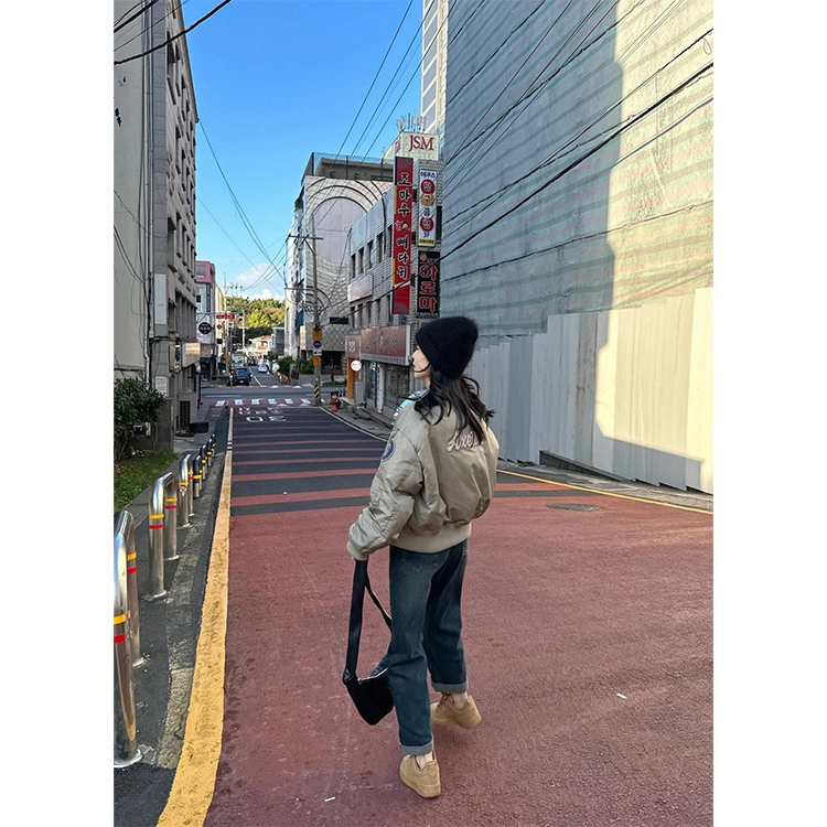 丝絮丝绸 美式复古棒球服韩版飞行员夹克截短外套 女款