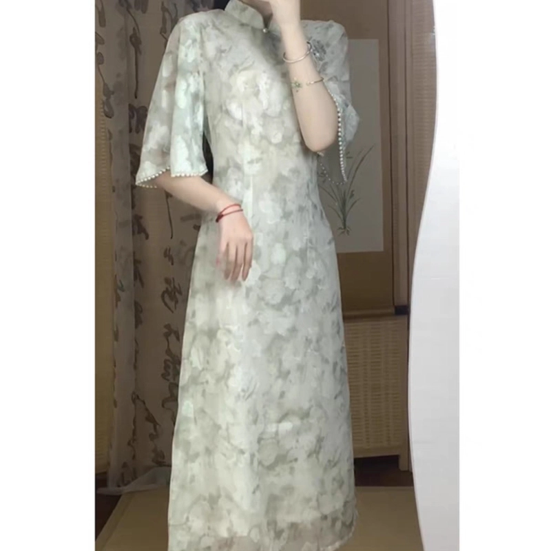 丝絮丝绸 新中式高腰薄款立领合身植物花卉短袖连衣裙 女款
