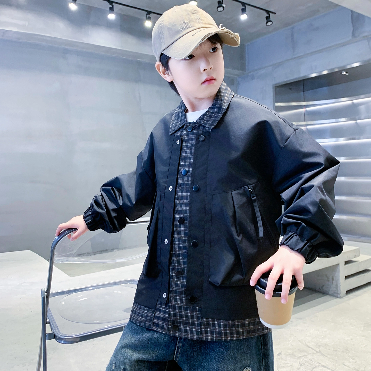 俞兆林夹克 假两件格子拼接简约百搭户外运动小众潮流休闲舒适 青少年