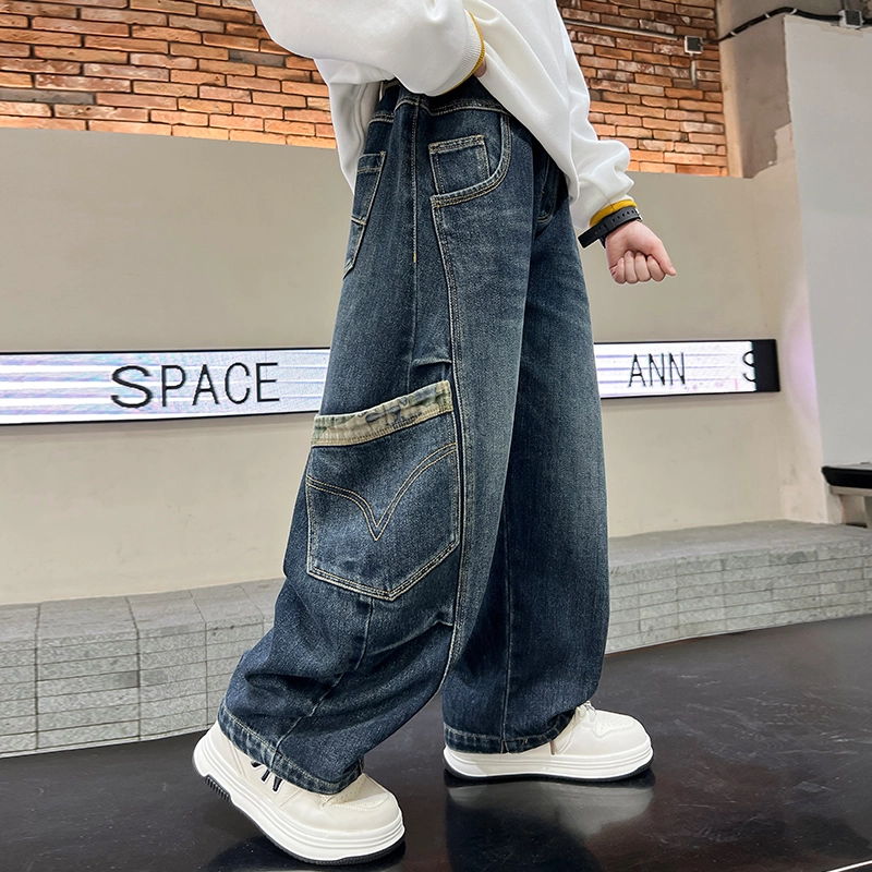 俞兆林牛仔裤 简约大口袋复古显高显瘦垂感宽松亲肤拼接直筒 青少年