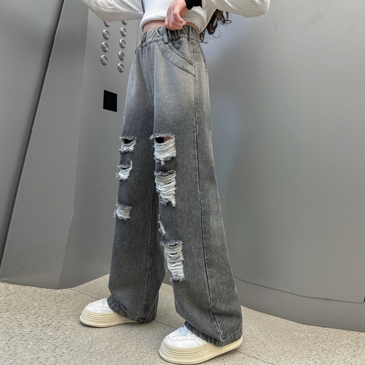 俞兆林牛仔裤 宽松美式复古高街水洗破洞做旧高级感时尚潮流微弹显高显瘦修身垂感休闲裤腿 青少年