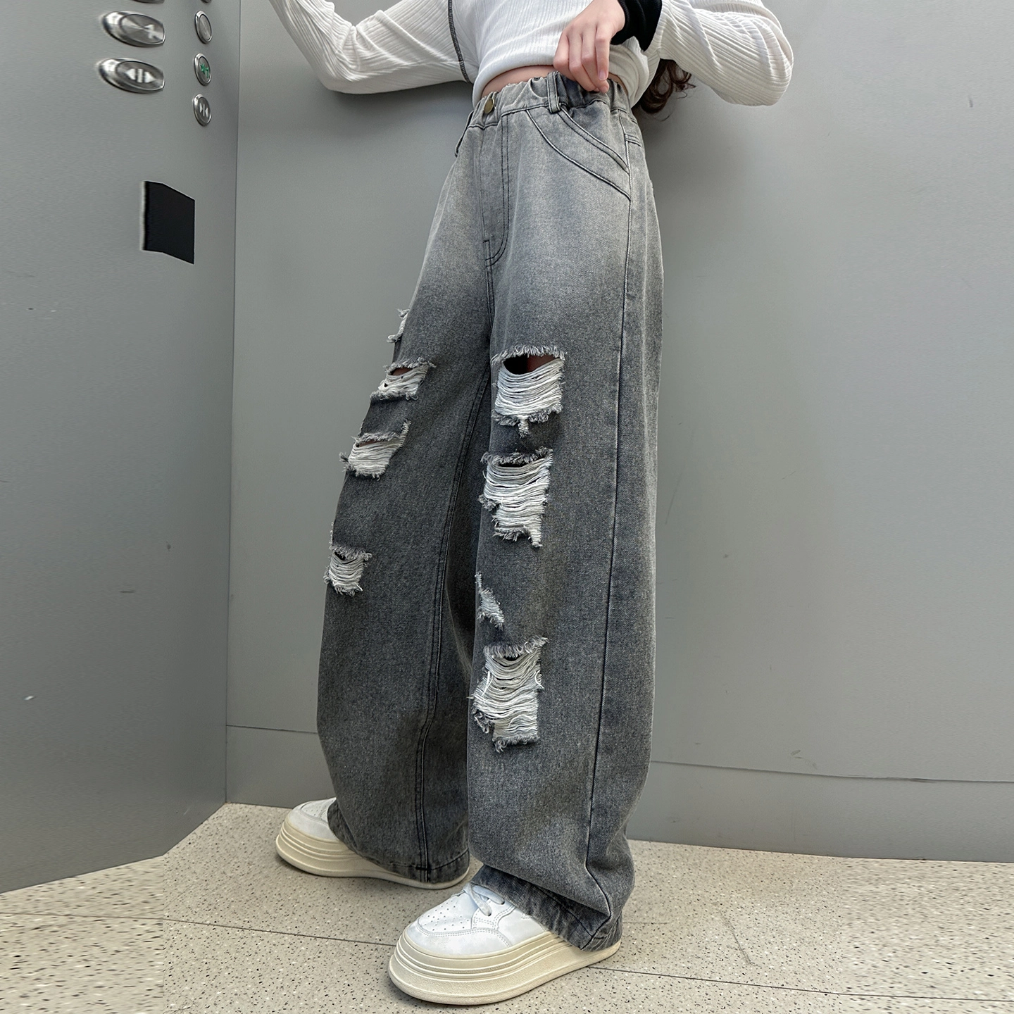 俞兆林牛仔裤 宽松美式复古高街水洗破洞做旧高级感时尚潮流微弹显高显瘦修身垂感休闲裤腿 青少年
