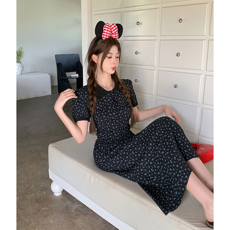 水中花 法式复古优雅气质时尚翻领设计感休闲舒适百搭收腰短袖连衣裙 女款