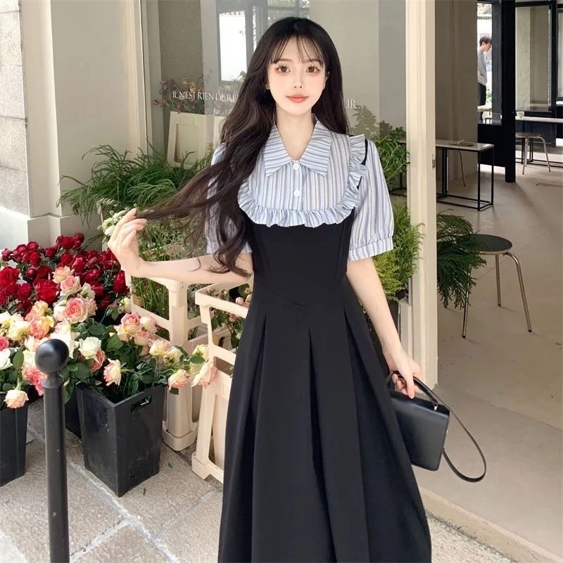 水中花 时尚拼接长裙夏季高级感微胖女显瘦修身收腰甜美可爱气质优雅简约百搭包臀裙短袖连衣裙 女款