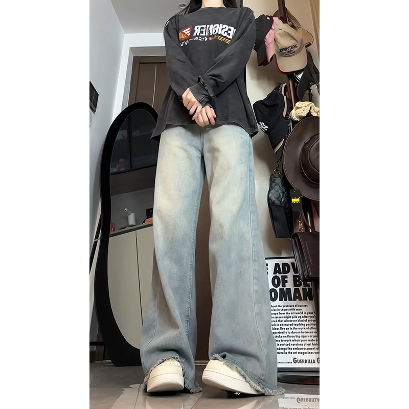 水中花 美式复古做旧毛边裤女小个子高腰直筒阔腿裤辣妹拖地长裤子潮显瘦显高牛仔裤 女款