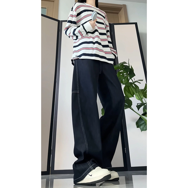 水中花 韩系复古小众水洗高腰明线设计感配腰带百搭显瘦时尚长裤直筒裤女牛仔裤 女款