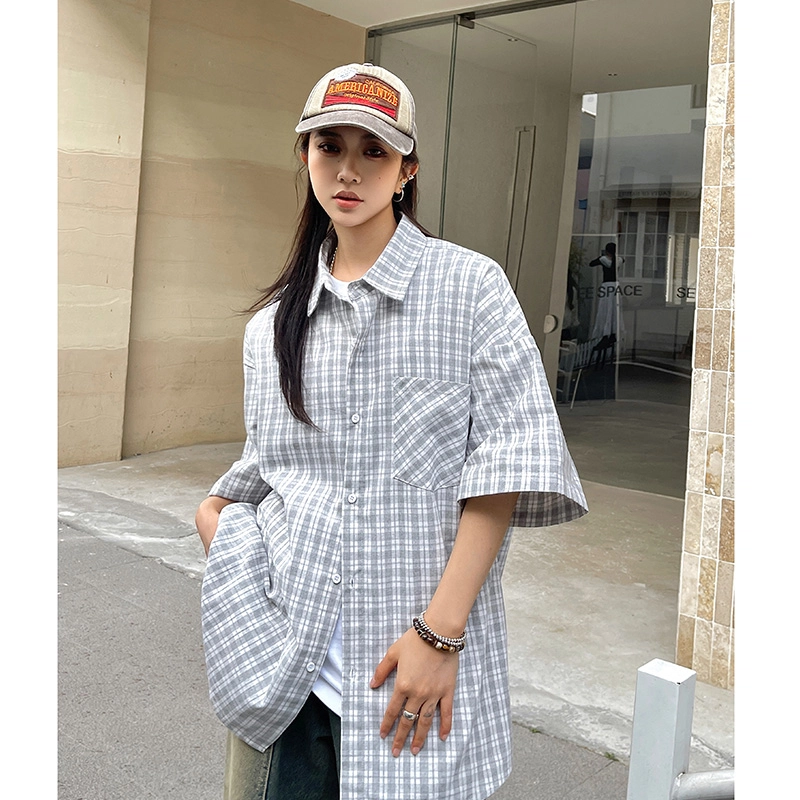 水中花 港风休闲条冰丝凉感情侣百搭衬衣高街风格短袖衬衫 女款