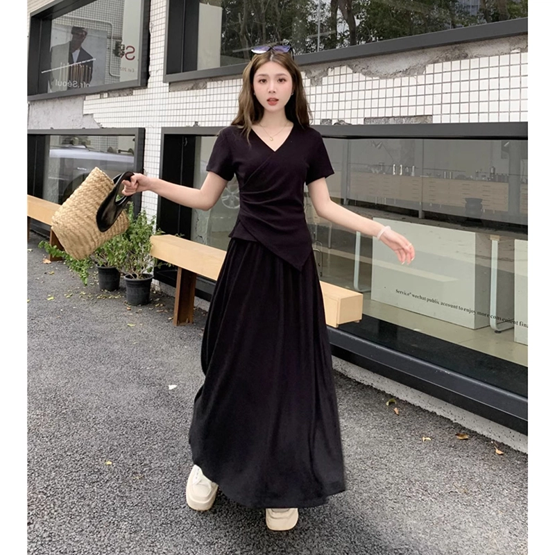 水中花 百搭舒适短袖上衣修身显瘦休闲优雅慵懒气质半身裙裙装套装 女款