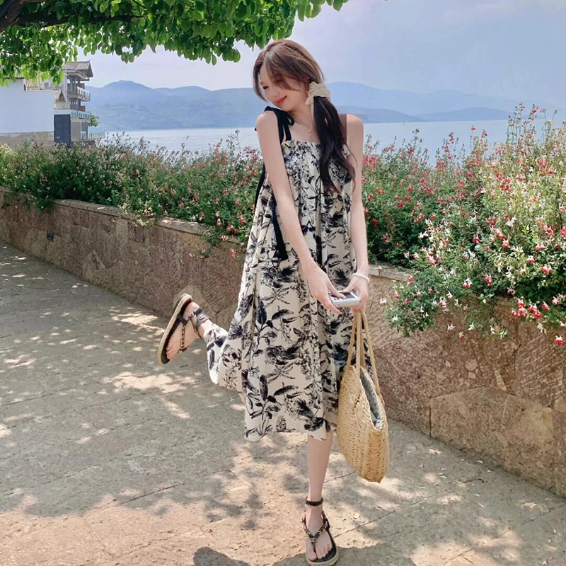 水中花 法式复古水墨画女夏季潮流时尚高级感海边度假小个子宽松显瘦气质裙子百搭舒适吊带连衣裙 女款 图片色