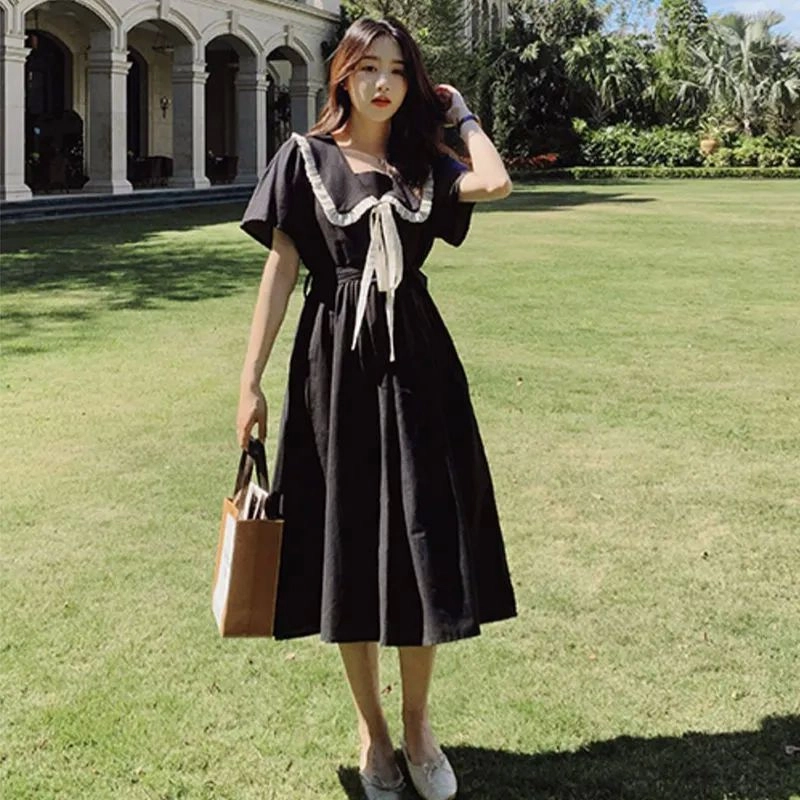 水中花 法式娃娃领高级感气质温柔学院风收腰修身显瘦甜美可爱纯色简约短袖连衣裙 女款