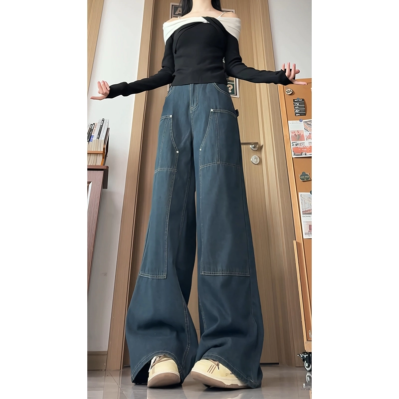 水中花 高腰工装长裤女直筒拼接休闲阔腿裤子垂感拖地裤显高显瘦小众设计时髦裤牛仔裤 女款