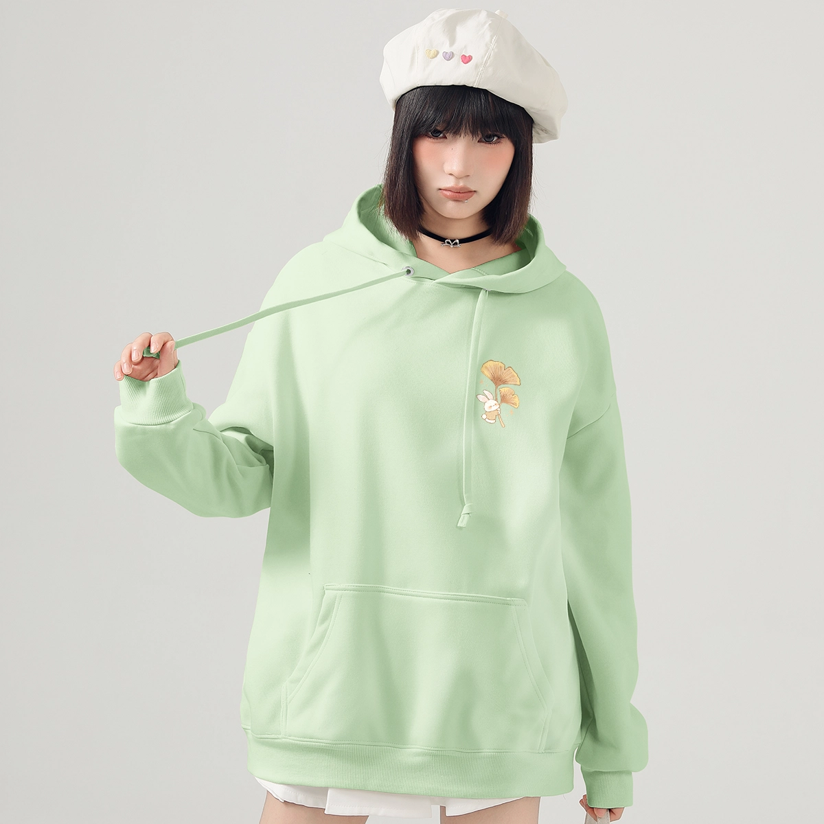 棉致 银杏小兔涂鸦潮流时尚创意百搭休闲简约柔软舒适套头连帽长袖卫衣 女款