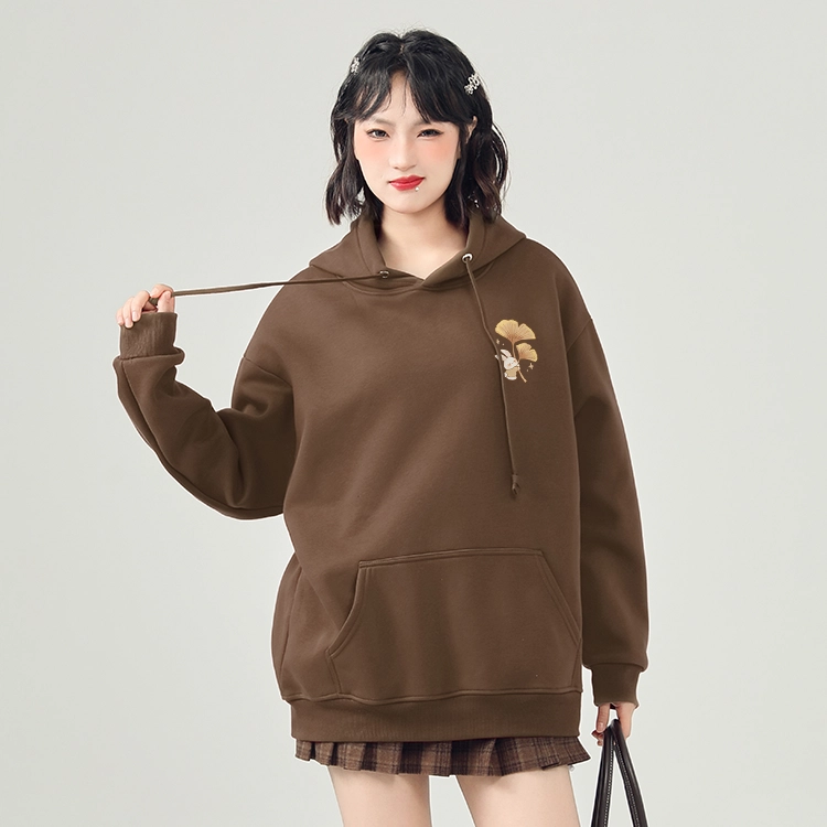 棉致 银杏小兔涂鸦潮流时尚创意百搭休闲简约柔软舒适套头连帽长袖卫衣 女款