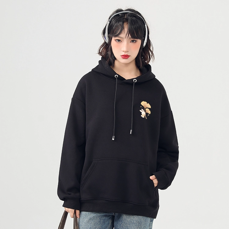 棉致 银杏小兔涂鸦潮流时尚创意百搭休闲简约柔软舒适套头连帽长袖卫衣 女款