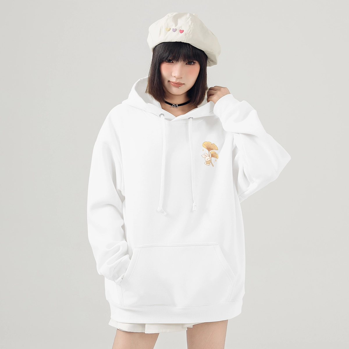 棉致 银杏小兔涂鸦潮流时尚创意百搭休闲简约柔软舒适套头连帽长袖卫衣 女款