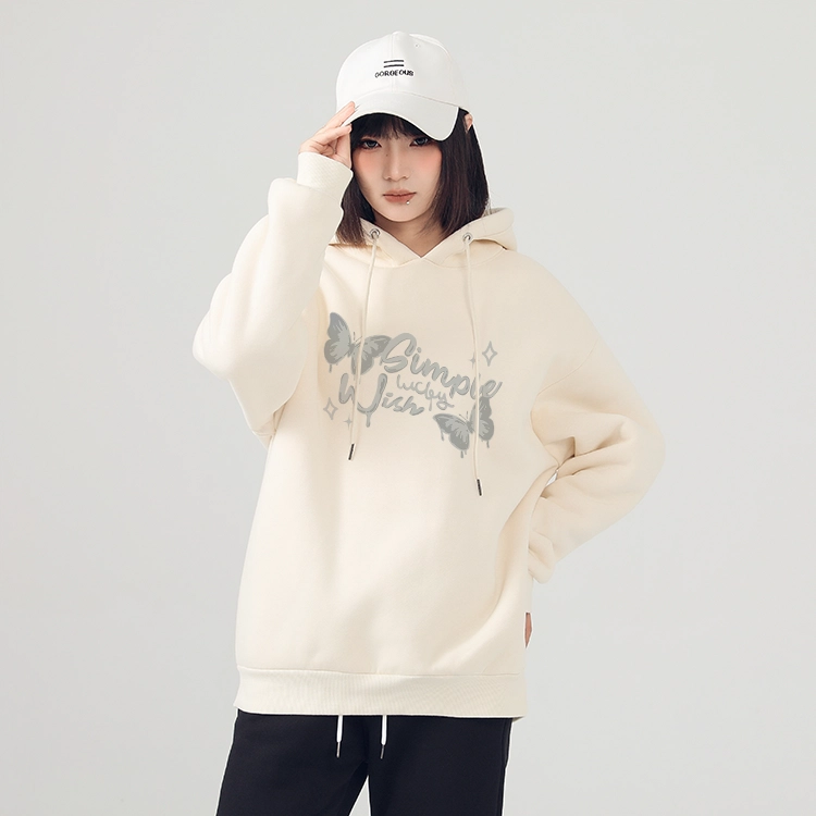 棉致 美式设计感英文字母蝴蝶加绒加厚款连帽宽松小众舒适简约长袖卫衣 女款