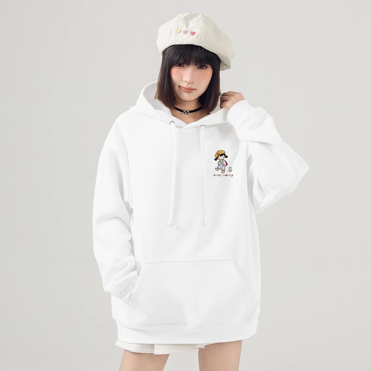 棉致 彩色线条小女孩潮流百搭简约时尚学院风柔软舒适松紧抽绳连帽长袖卫衣 女款