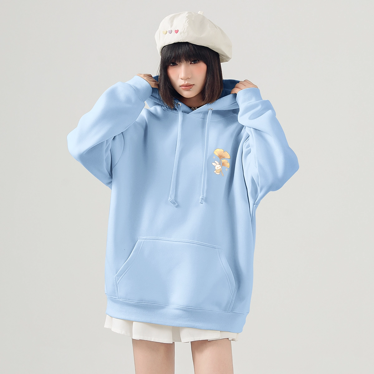 棉致 银杏小兔涂鸦潮流时尚创意百搭休闲简约柔软舒适套头连帽长袖卫衣 女款