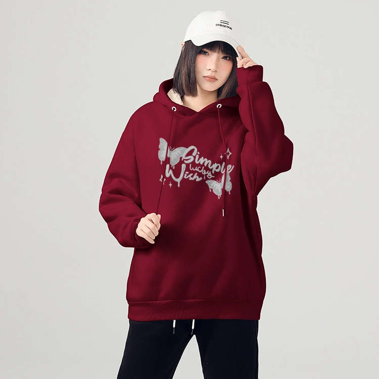 棉致 美式设计感英文字母蝴蝶加绒加厚款连帽宽松小众舒适简约长袖卫衣 女款