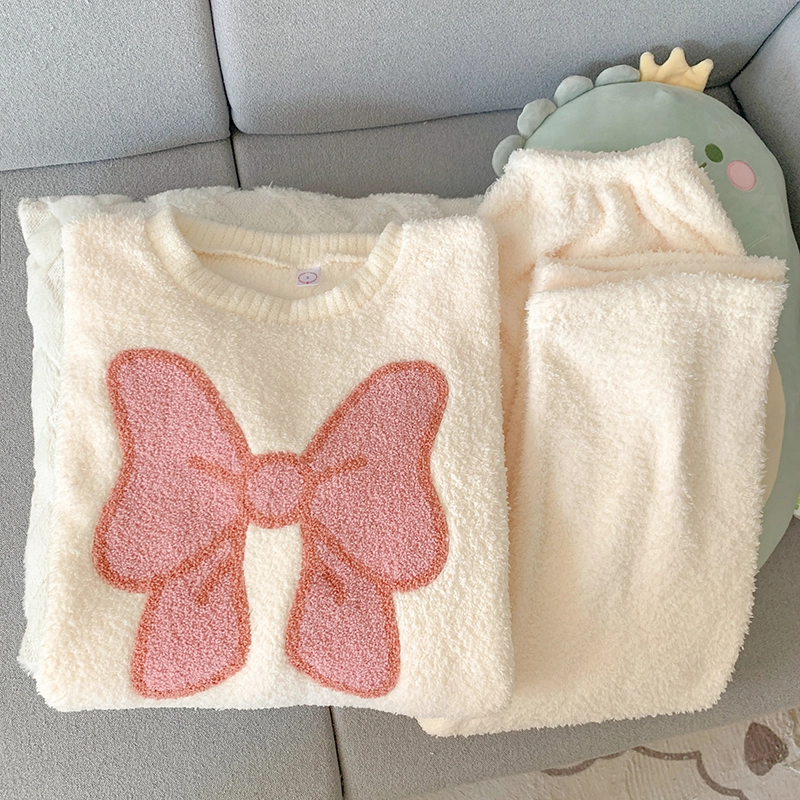 米囹 米白蝴蝶结圆领套头冬季女半边绒保暖珊瑚绒家居服睡衣套装 女款
