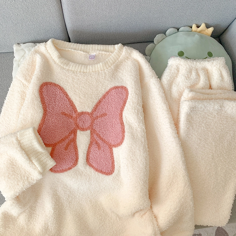 米囹 米白蝴蝶结圆领套头冬季女半边绒保暖珊瑚绒家居服睡衣套装 女款