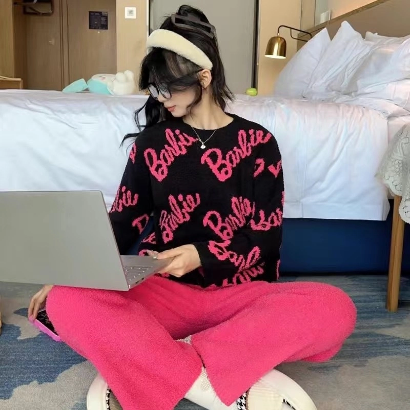 米囹 情侣半边绒女士秋冬季加绒加厚长袖珊瑚绒家居服两件套睡衣套装 女款