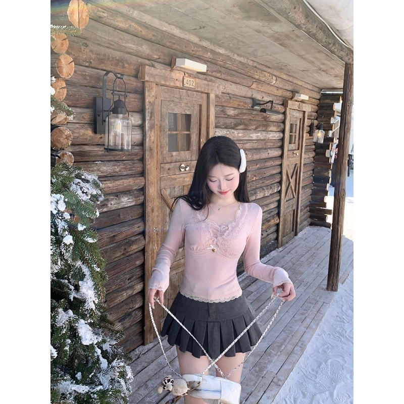 米囹 芭蕾风纯欲粉色针织女秋冬甜辣妹蕾丝内搭短款独特绝美上衣打底衣 女款