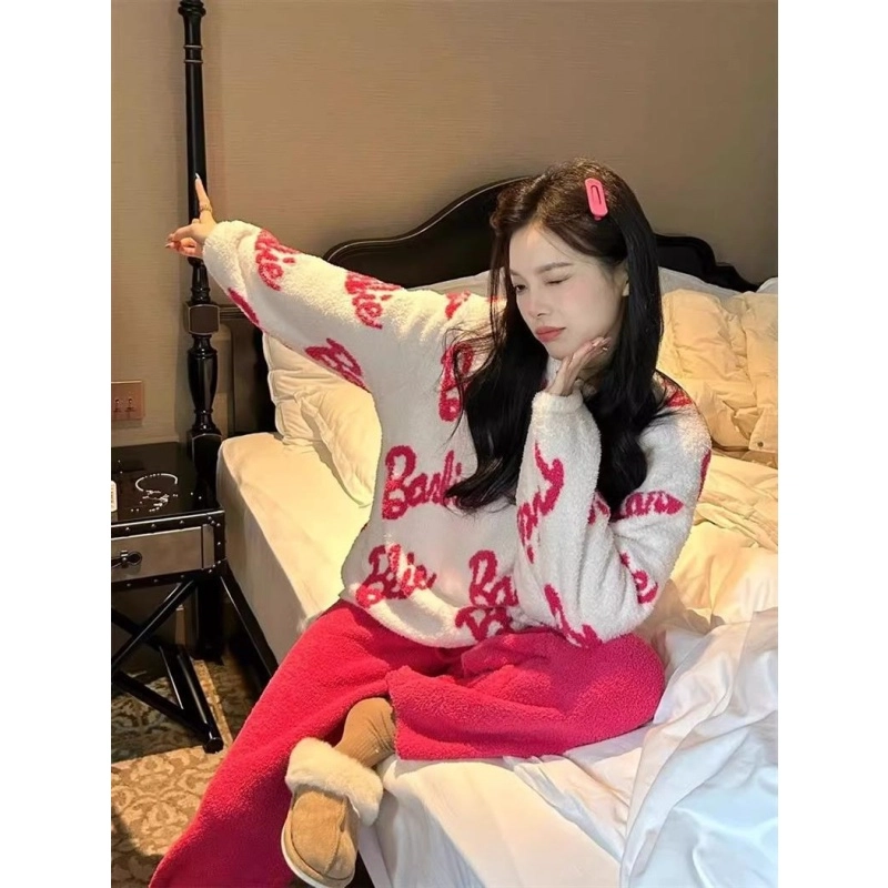 米囹 半边绒女秋冬季加绒加厚长袖字母设计珊瑚绒家居服两件套睡衣套装 女款