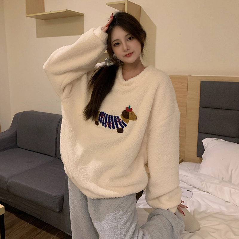 米囹 冬季女珊瑚绒加厚圆领半边绒简约慵懒风冬天保暖家居服可外穿睡衣套装 女款