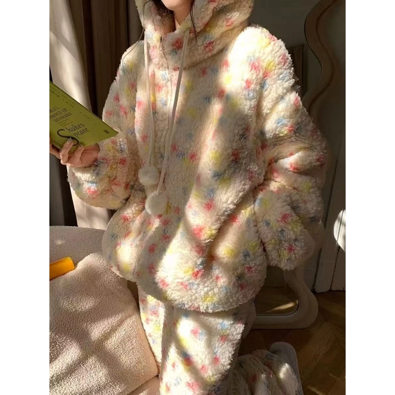 米囹 秋冬季羊羔绒拉链款连帽女士厚款珊瑚绒保暖大码家居服睡衣套装 女款