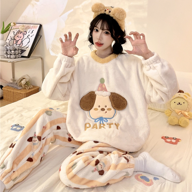 米囹 加厚法兰绒秋冬季女圆领卡通可爱珊瑚绒家居服睡衣套装 女款