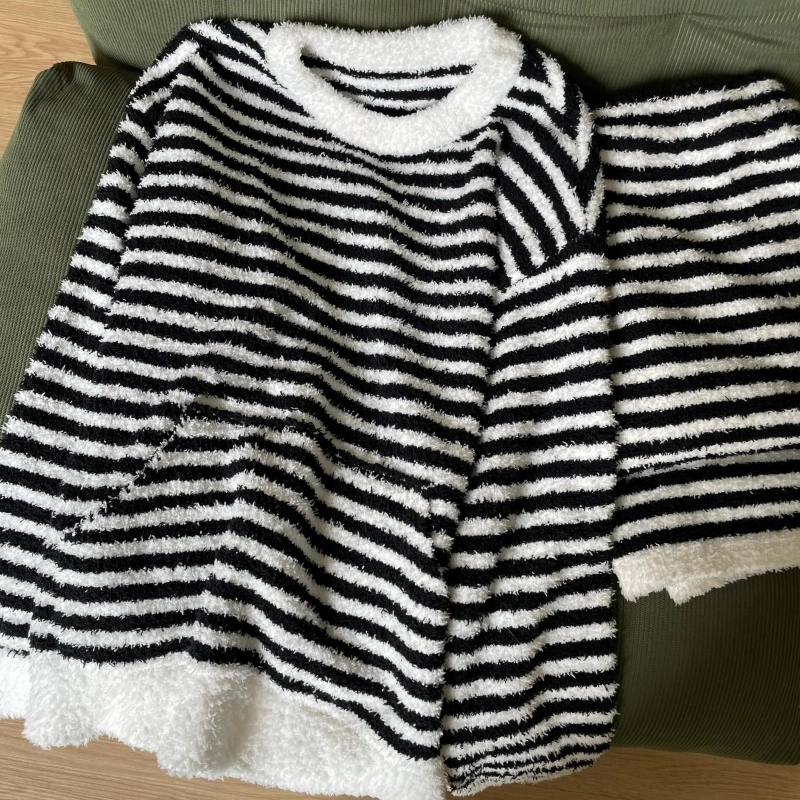 米囹 圆领条纹半边绒女秋冬季软糯糯毛绒针织大码家居服睡衣套装 女款
