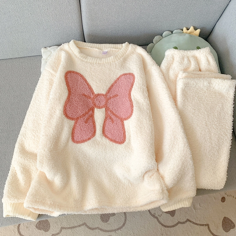 米囹 米白蝴蝶结圆领套头冬季女半边绒保暖珊瑚绒家居服睡衣套装 女款