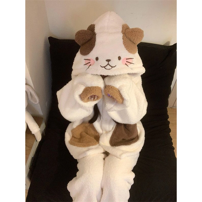 米囹 可爱小猫咪连帽珊瑚绒女冬季加绒加厚保暖冬天家居服睡衣套装 女款